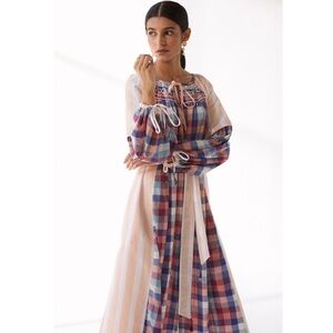 Kopal Long Sleeve Cotton Plaid Stripe Midi Dress Extra Small I2